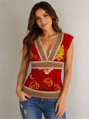 Vintage Silk Bebe Y2K Red Floral Deep V Neck Boho Babydoll Kimono Top - Size XS